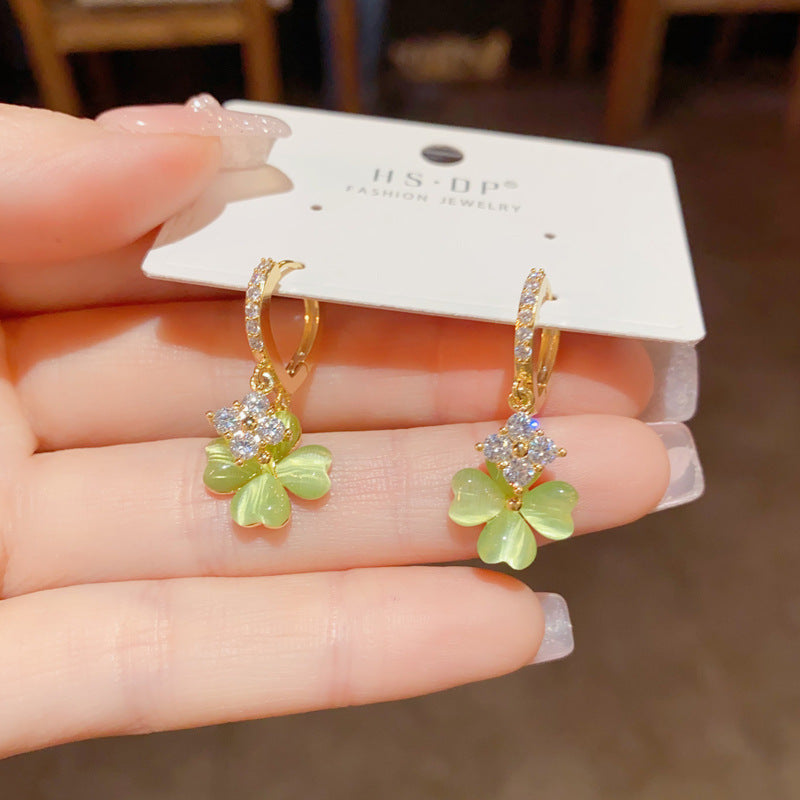 Women'S Green Four-Leaf Flower Zircon Earrings