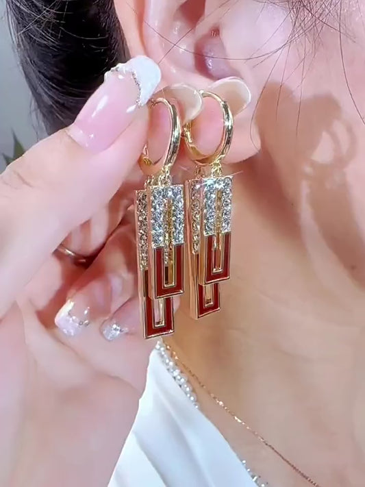 Design Retro Red Drip Glaze Diamond Geometric Earrings