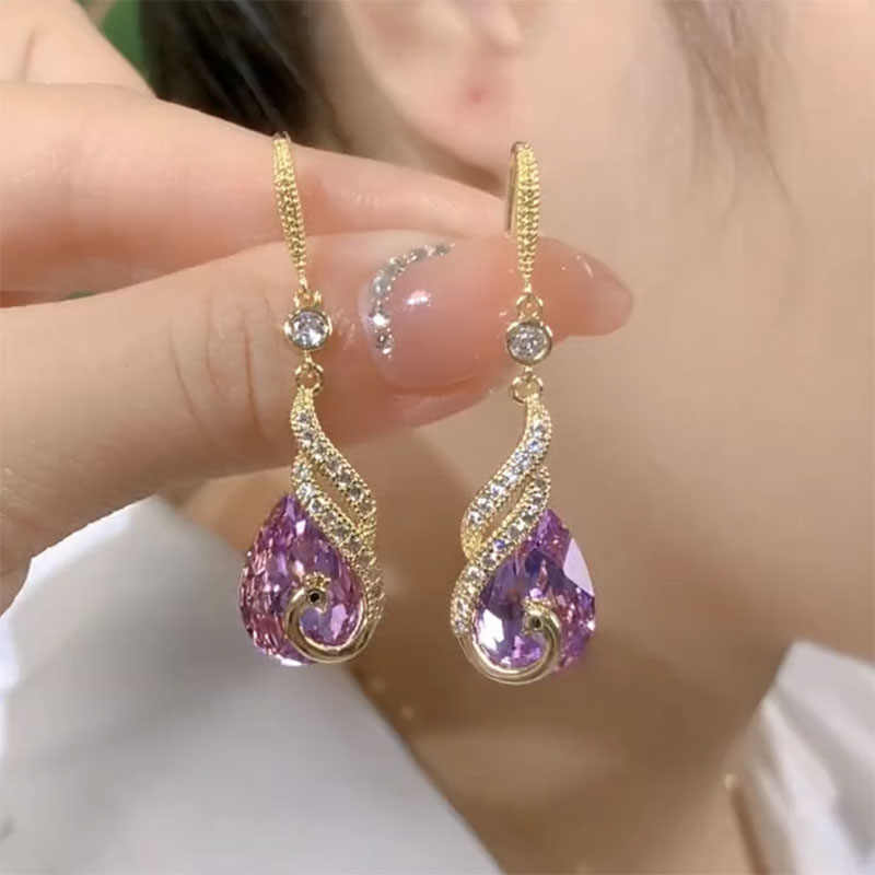 Women’s Purple Crystal Phoenix Earrings – Luxury Peacock-Inspired Statement Jewelry