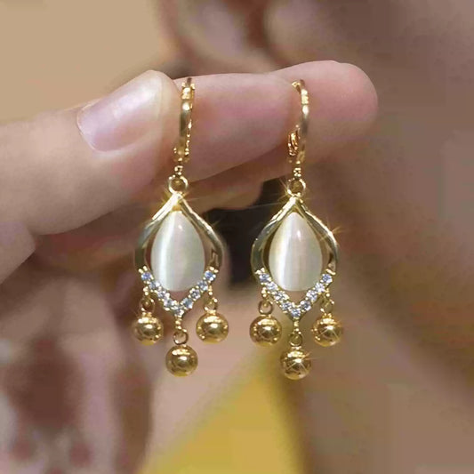Elegant Cat-Eye Stone Tassel Drop Earrings with Crystal Accents