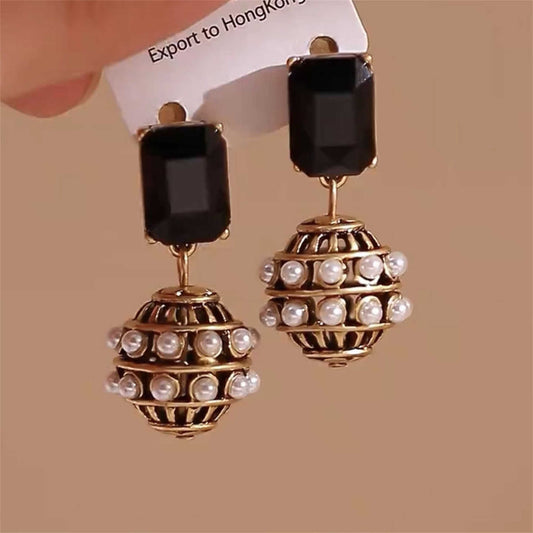 Black Agate Sugar Cube Pearl Ball Pendant Earrings for Women