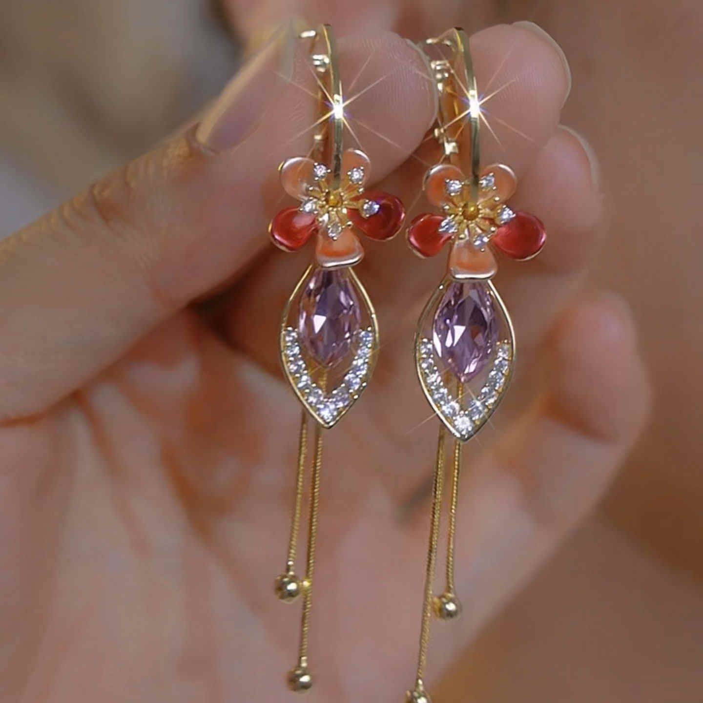Women's Affordable Luxury Floral Tassel Earrings with Rhinestone Chains