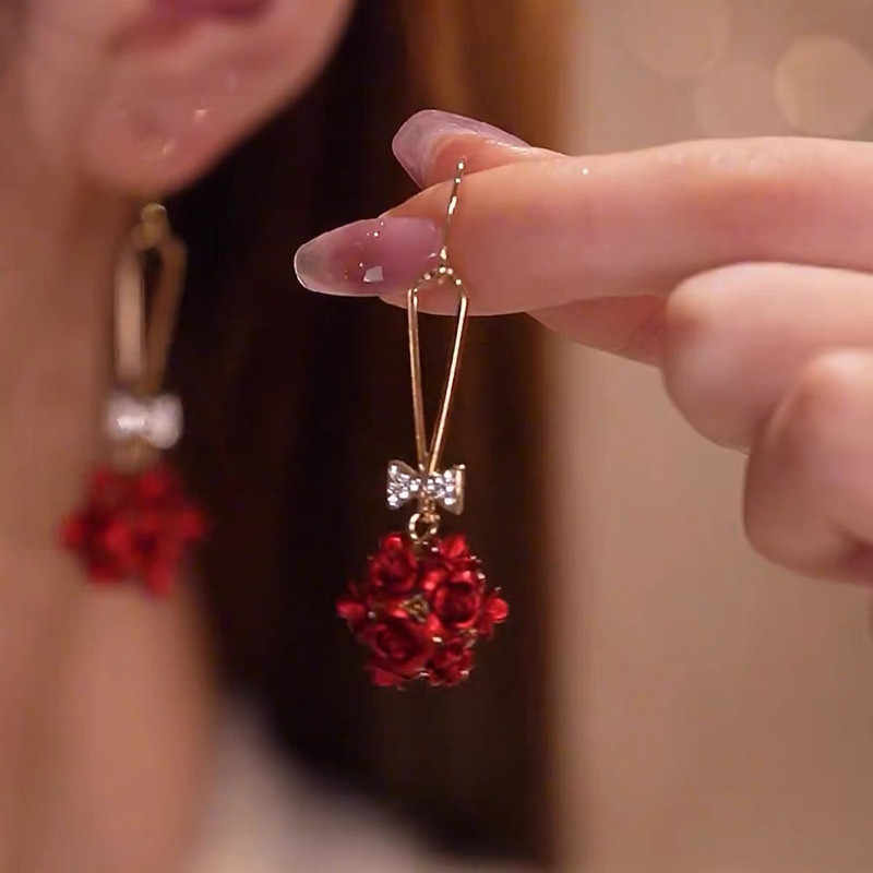 Long Red Rose Drop Earrings for Women – Elegant Floral Statement Earrings