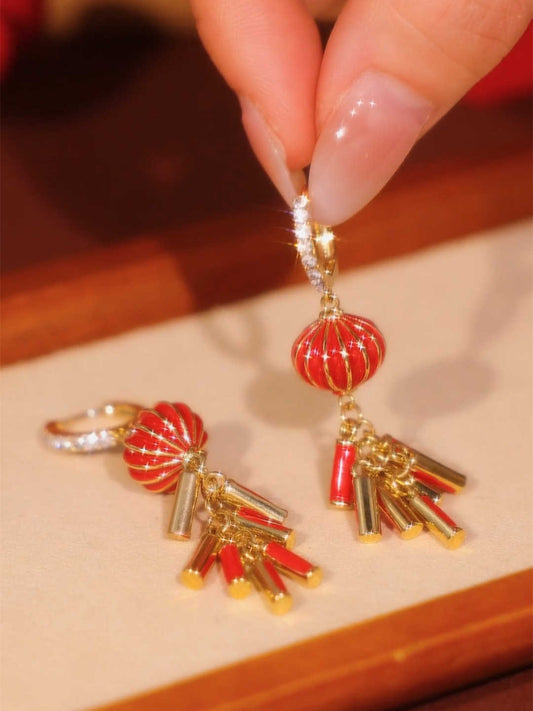 Long Tassel Lantern and Firecracker Earrings for Women, New Year's Earrings