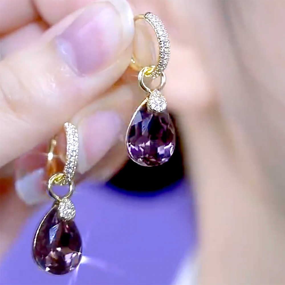 Diamond-Embellished Teardrop Purple Crystal Hoop Earrings — Elegant Women's Accessory