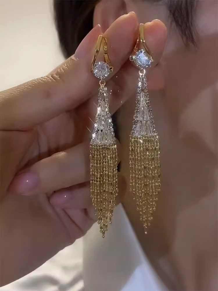 Light Luxury Zircon Tassel Earrings Women's Accessories