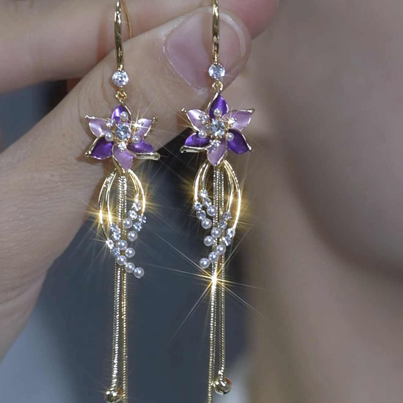 Purple Rhinestone-Embellished Floral Tassel Drop Earrings