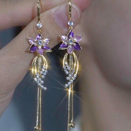 Purple Rhinestone-Embellished Floral Tassel Drop Earrings