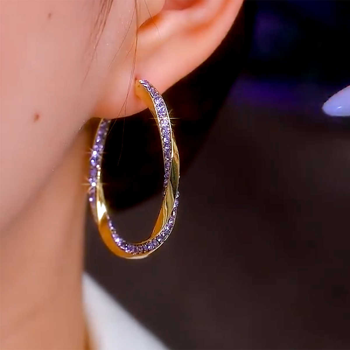 French-style Twisted Hoop Earrings With Purple Rhinestones, Elegant Earrings