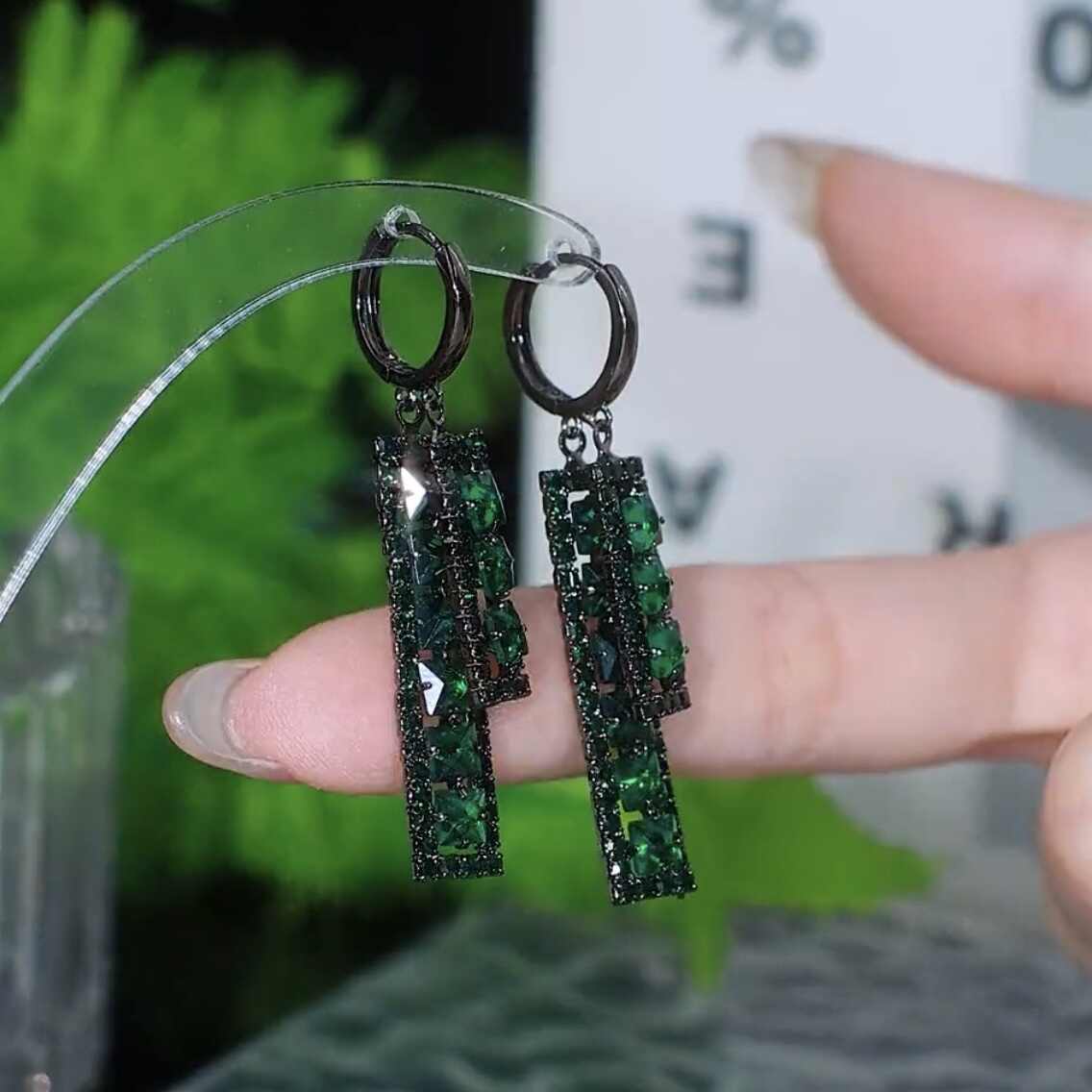 Rectangle Green Zircon Crystal Earrings for Women | Sparkly Geometric Statement Earrings