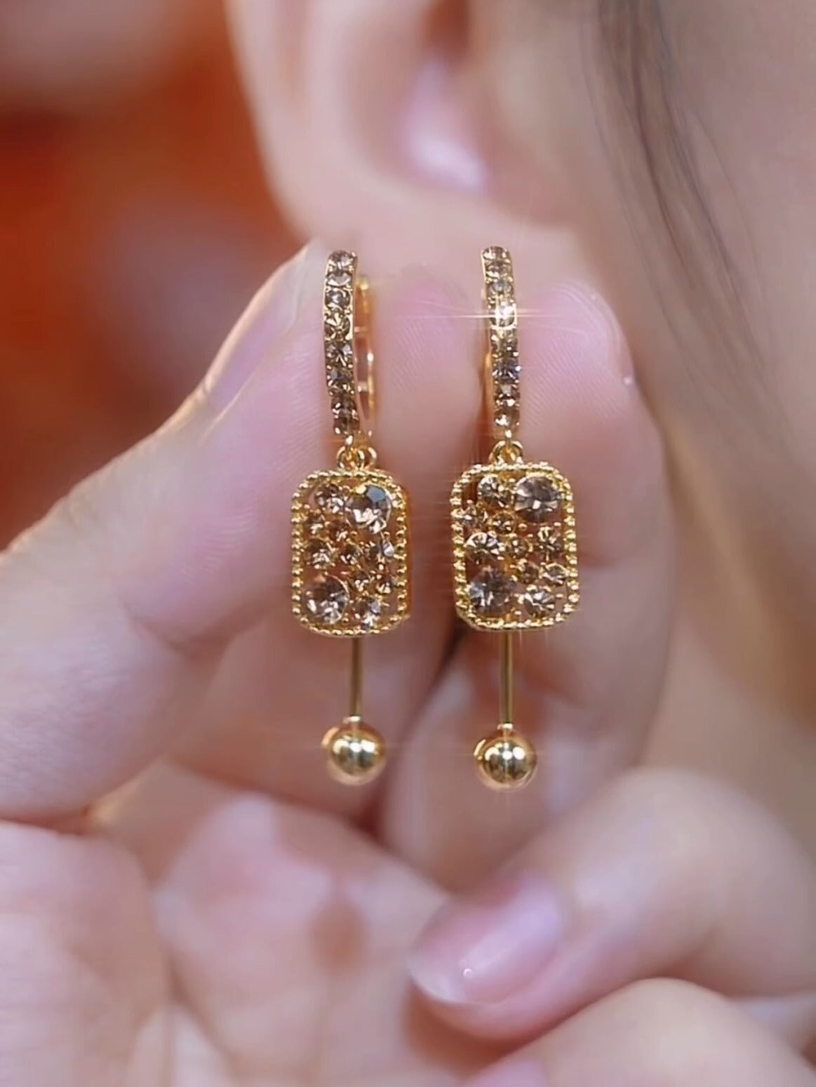 18K Gold Full Diamond Square Crystal Earrings Women's Accessories