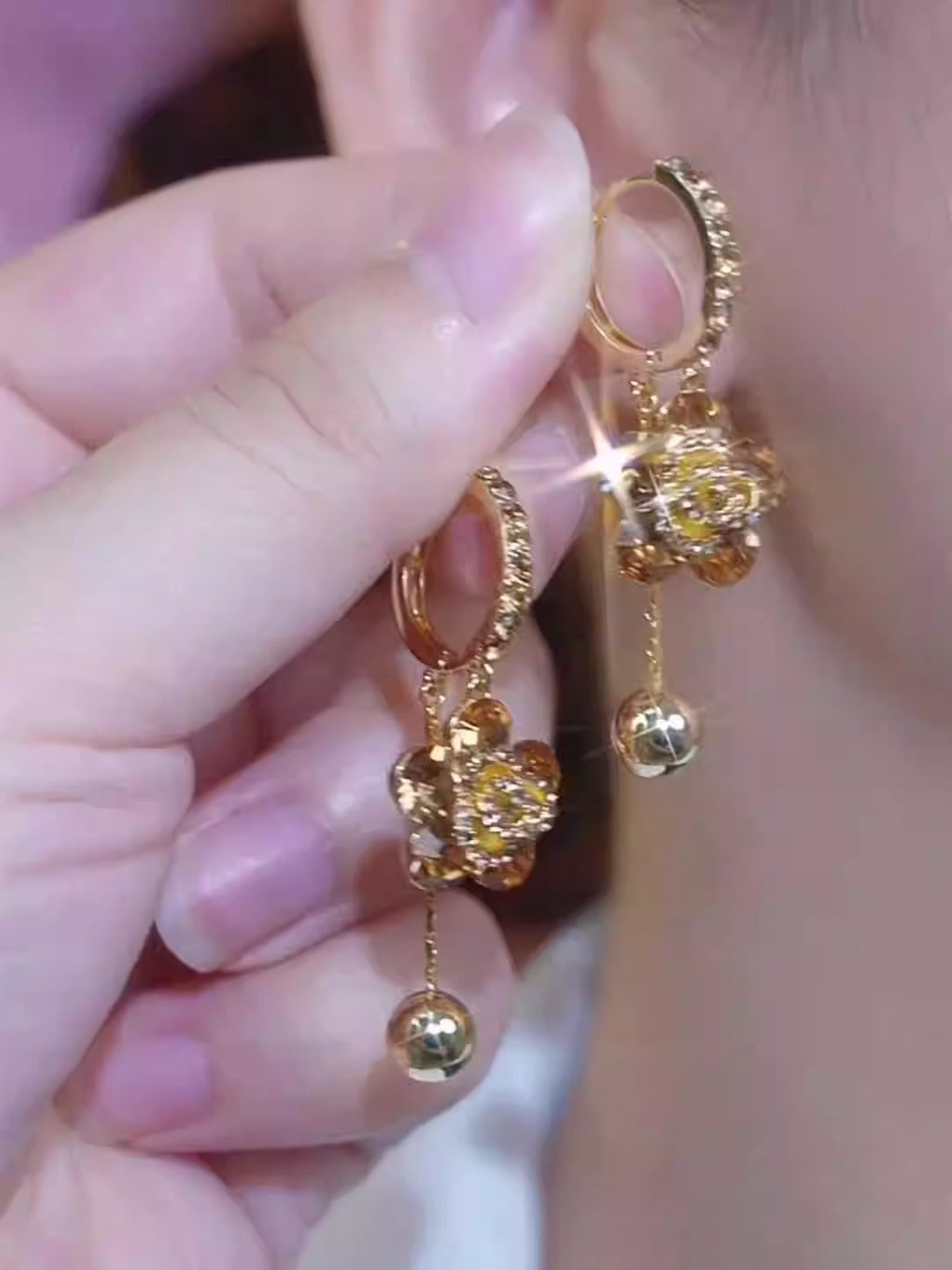 Discounted Golden Rose Tassel Ball Trendy Earrings