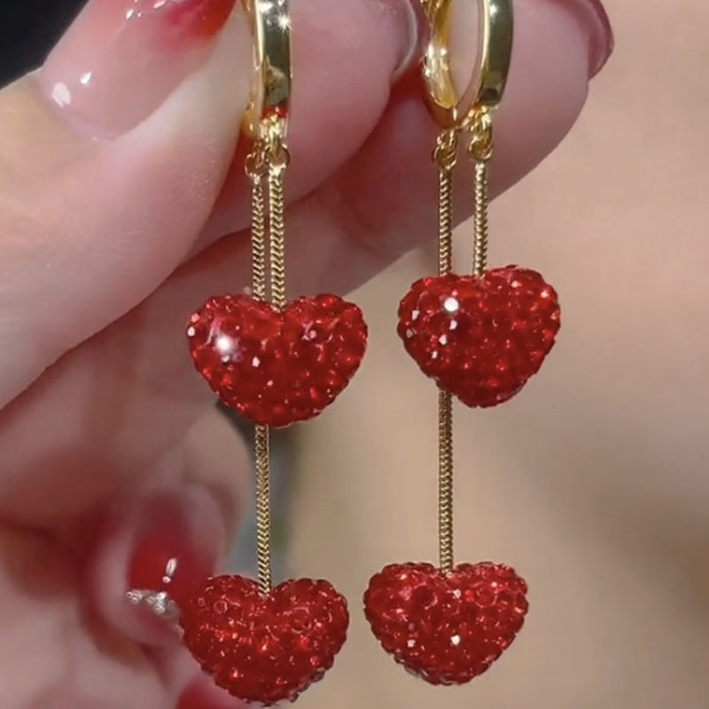 Red Diamond Heart Temperament Long Tassel Exquisite Earrings