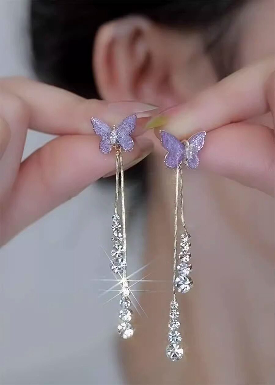 Purple Crystal Light Luxury Sparkling Diamond Butterfly Earrings
