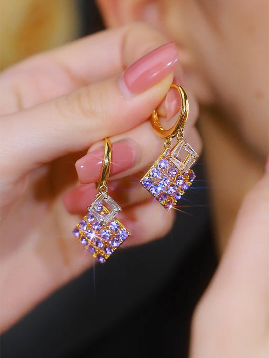 Purple Crystal Rhombus Tassel Earrings For Women
