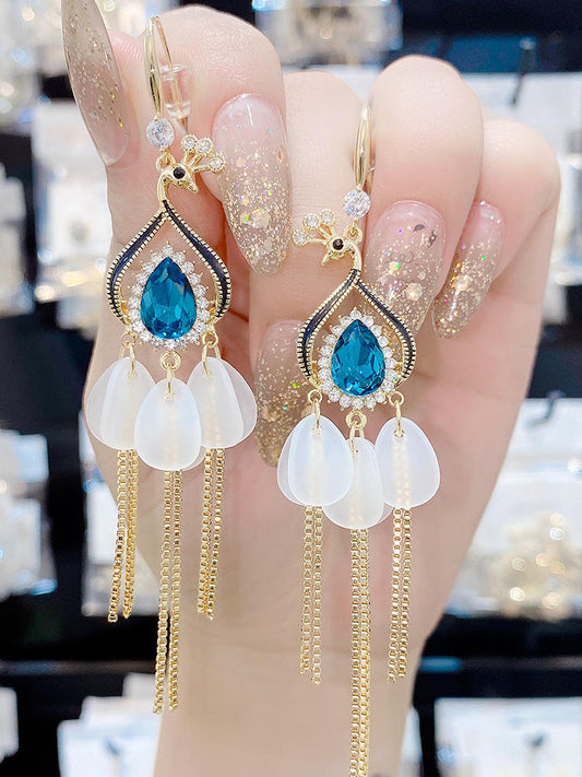Pendientes de cristal azul fénix con temperamento largo