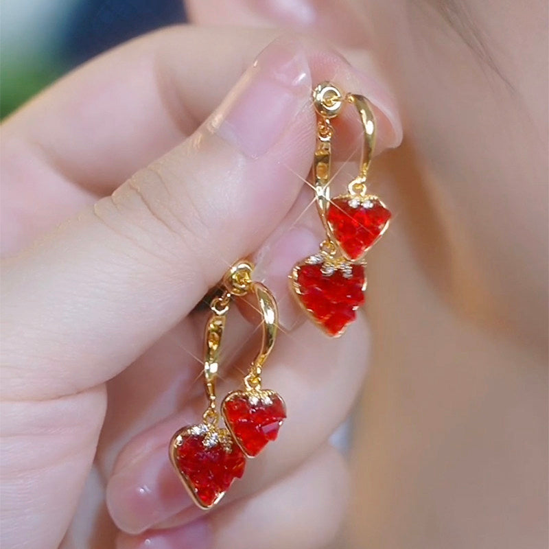 Elegant Red Heart Double-Drop Earrings – Sparkling Two-Way Statement Jewelry