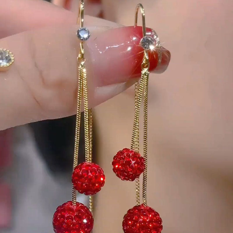 Women's Fashion Red Diamond Ball Tassel Earrings