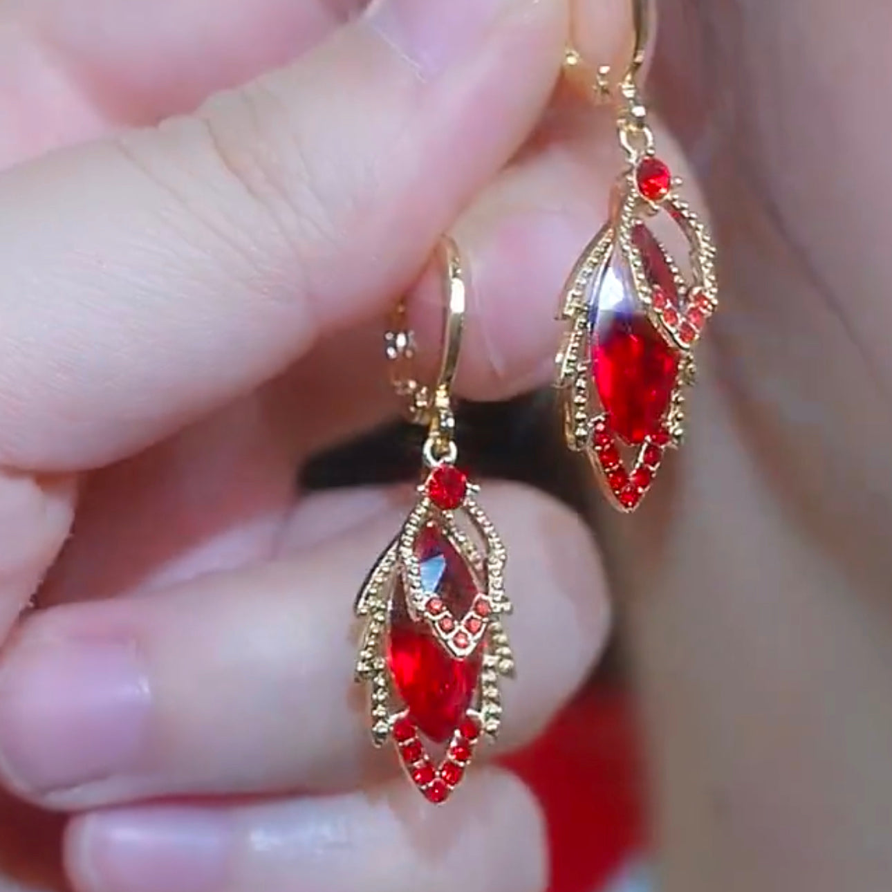 Exquisite Red Zircon Leaf Earrings With Diamonds