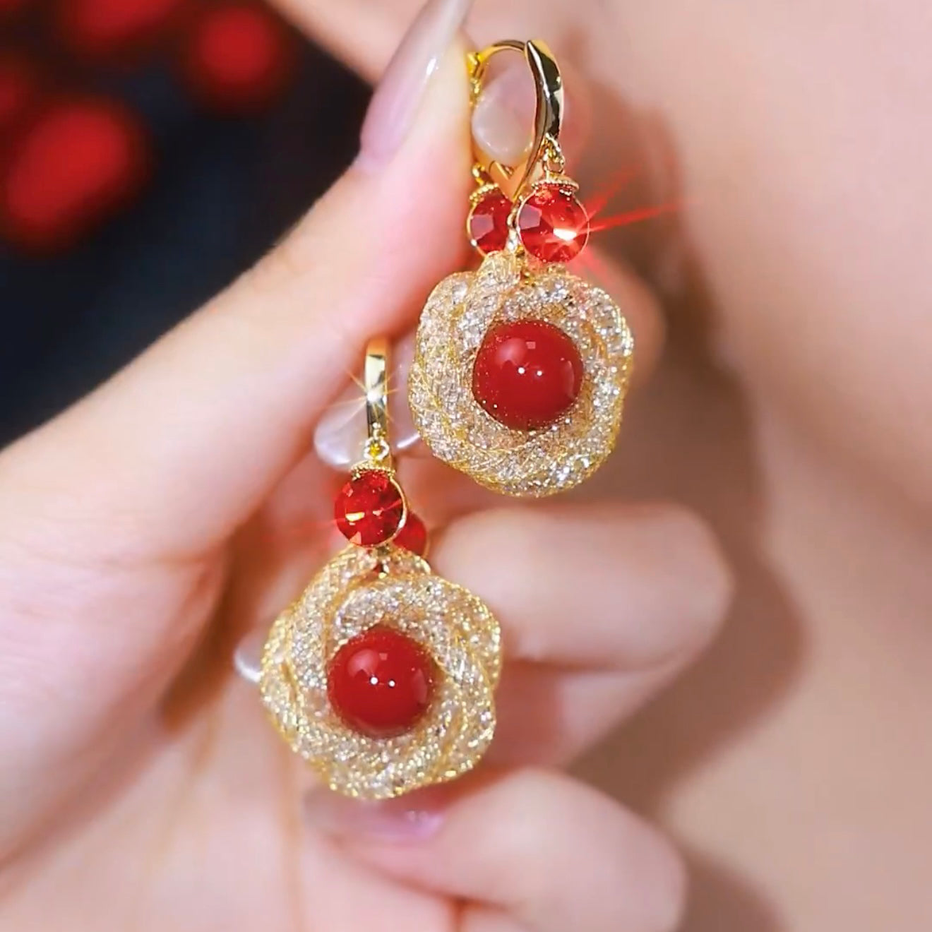 Red Bead Mesh Flower Earrings Feminine Fashion Accessories