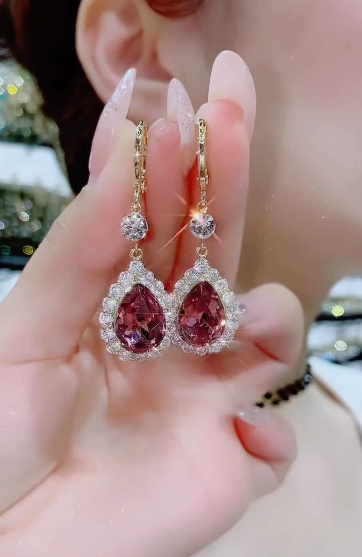 Super Flash Water Drop Earrings Temperament Purple Crystal Long Earrings For Women