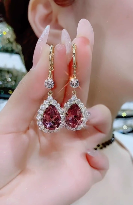 Super Flash Water Drop Earrings Temperament Purple Crystal Long Earrings For Women