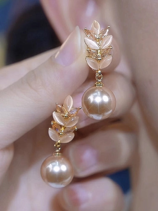 S925 Silver Needle Champagne Wheat Cat's Eye Pearl Earrings