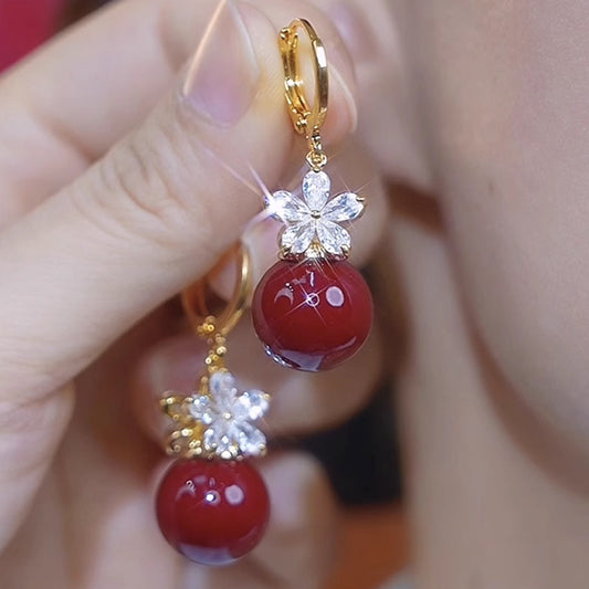 French Flower Red Pearl Earrings For Women