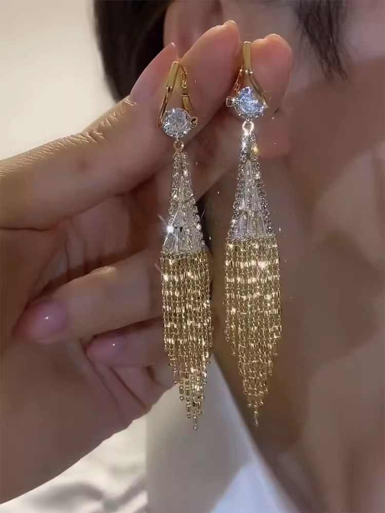 Light Luxury Zircon Tassel Earrings Women's Accessories