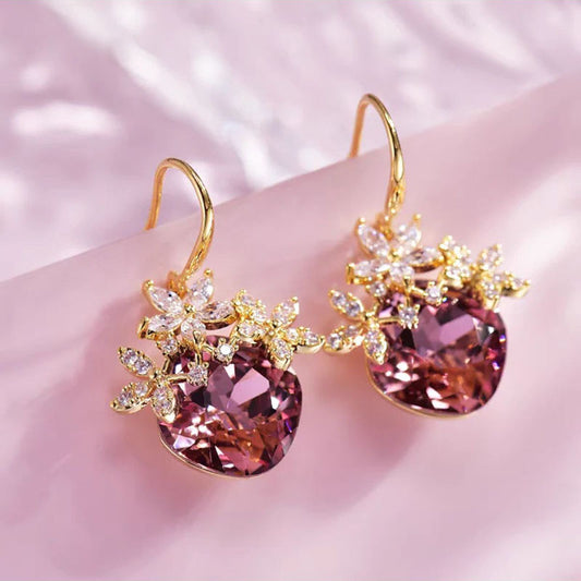 Crystal Zircon Personality Purple Flower Ear Hook Temperament Earrings