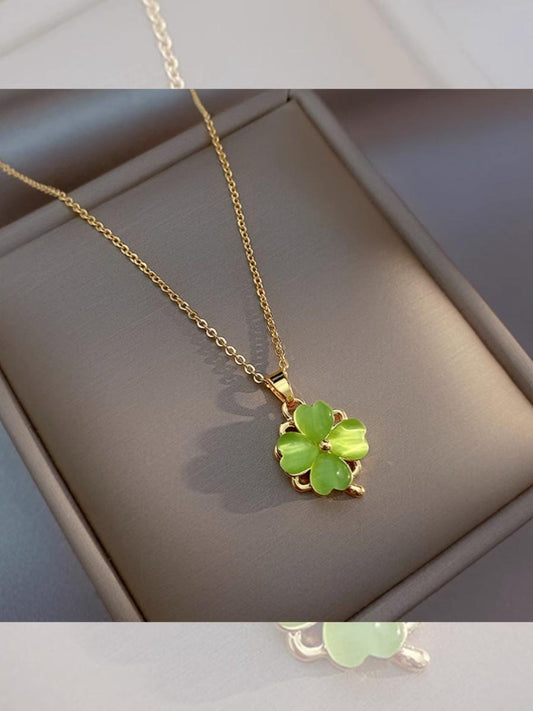 Collar con colgante de cadena de clavícula para mujer con trébol de cuatro hojas y ojo de gato de la suerte