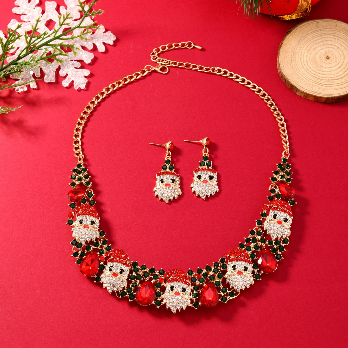 Conjunto de joyas navideñas, collar y pendientes de Papá Noel con diamantes de imitación y cristales brillantes a la moda
