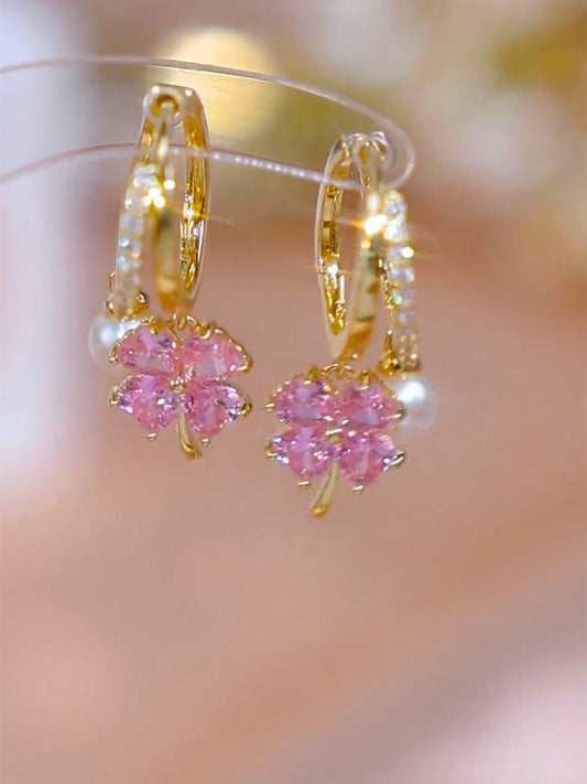 Exquisite Pink Crystal Clover Pearl Earrings Women's Accessories