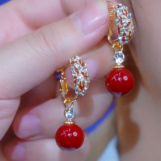 Red Bead Earrings Design Zircon Silver Needle Studs