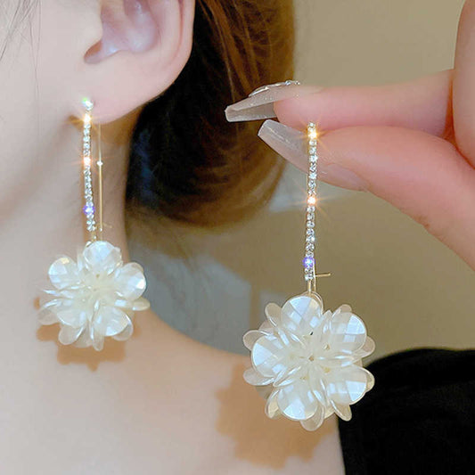 French Diamond Flower Pearl Earrings For Women