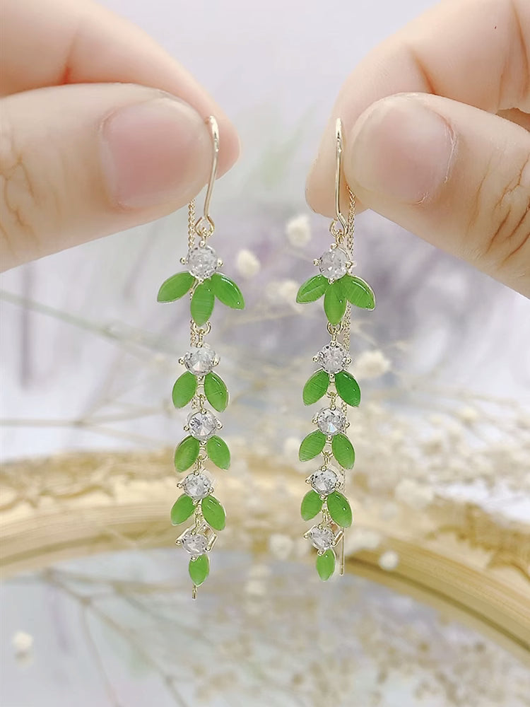 Long Green Leaf Diamond Tassel Earrings