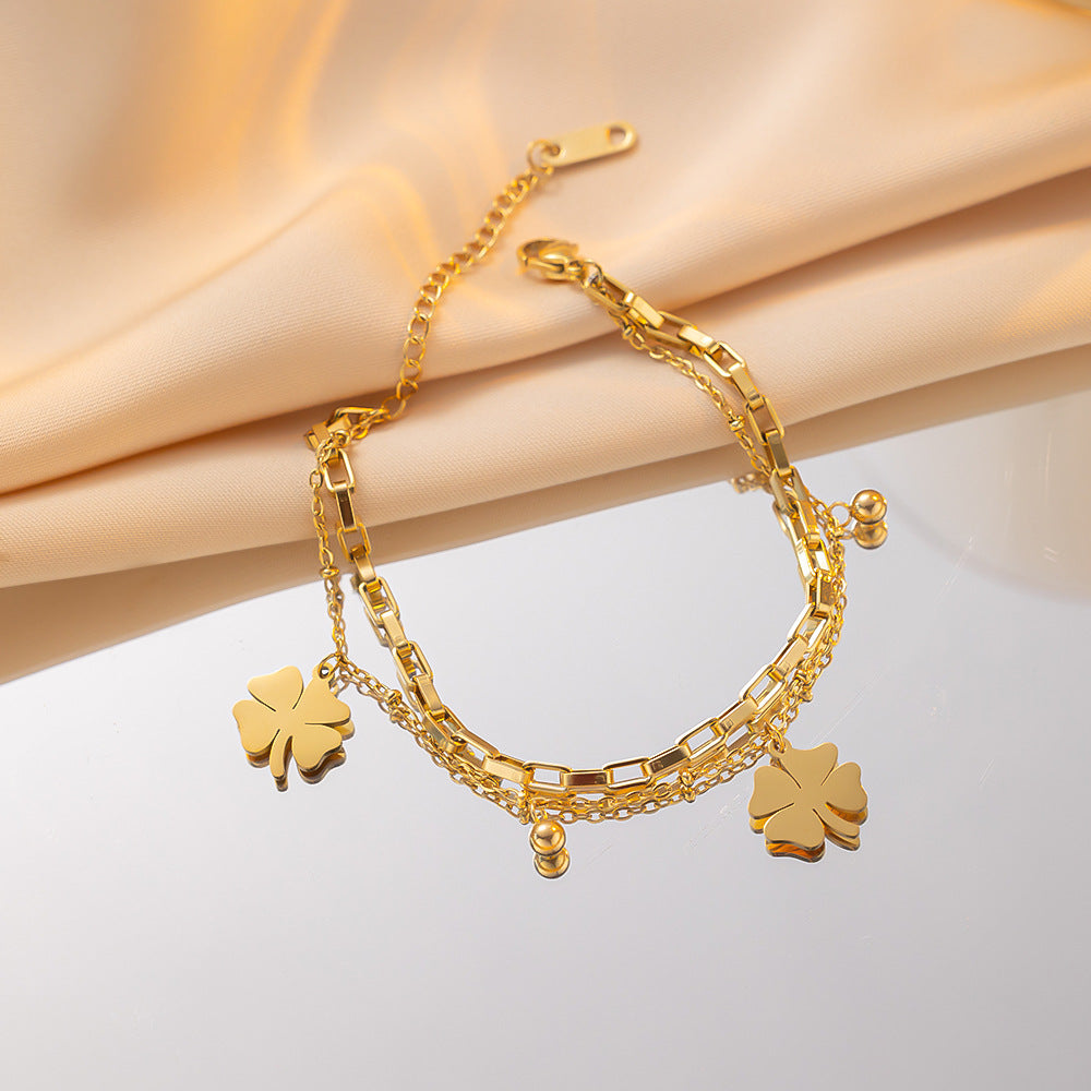 Pulsera elegante de moda de doble capa con colgante de trébol de cuatro hojas de la suerte para mujer