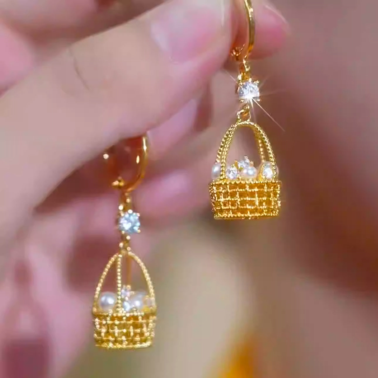Exquisite and Elegant Pearl Flower Basket Earrings