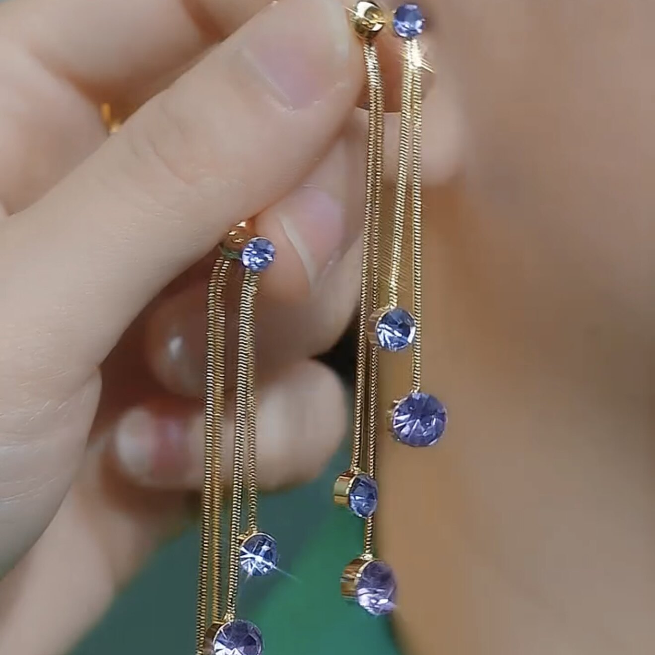 Long Tassel Earrings with Purple Crystal Spheres