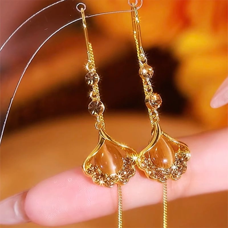 S925 Silver Needle Brown Ginkgo Leaf Earrings Niche Women's Accessories