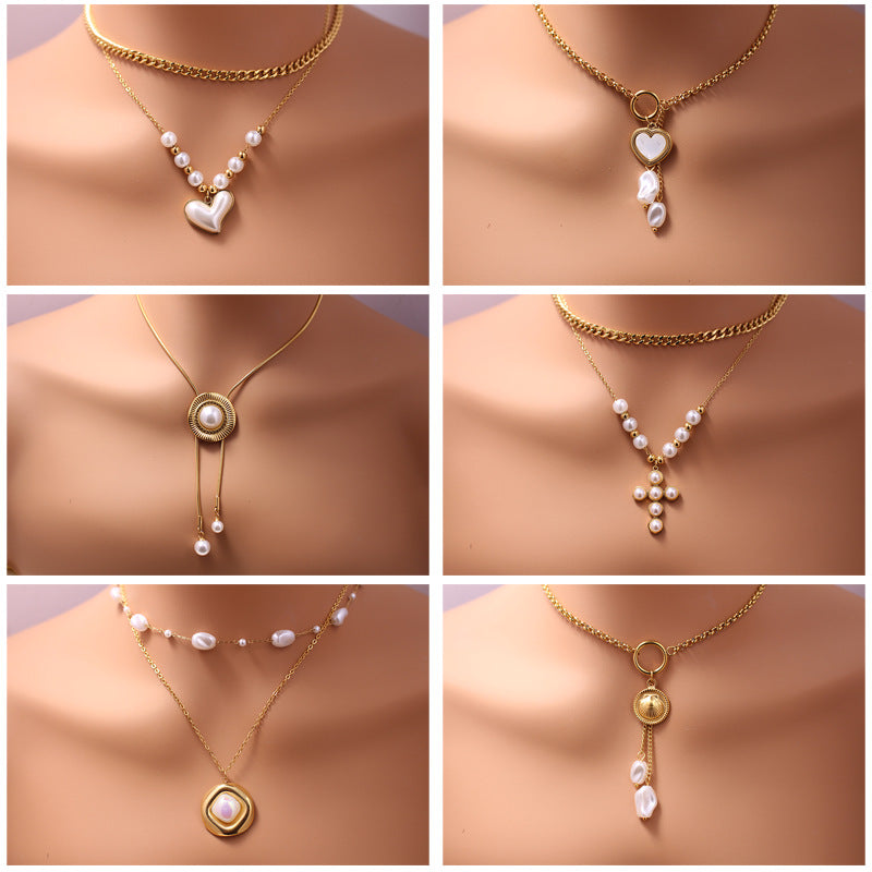 Fashionable Women'S Titanium Steel Imitation Pearl Beaded Layered Necklace