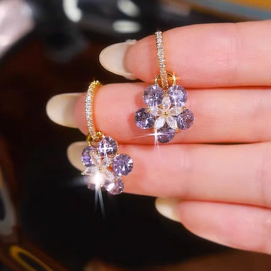 Purple Rhinestone Flower Earrings 925 Silver Needle Women's Accessories