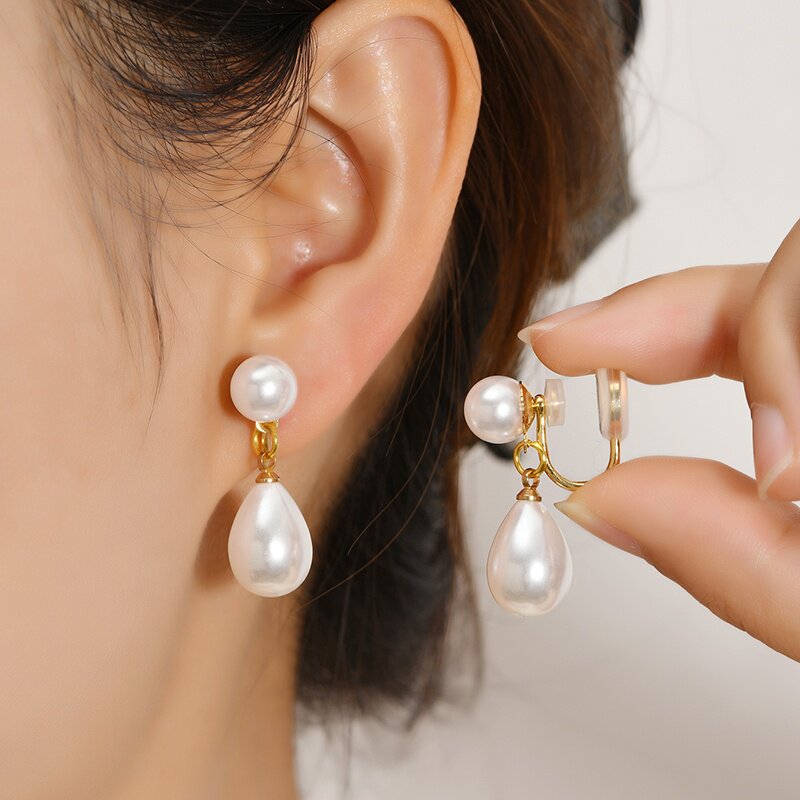 Clip-on Teardrop Pearl Earrings with Double-Pad Backs (For Non-Pierced Ears)