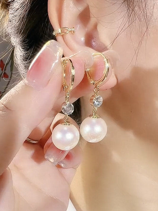 Pendientes largos de perlas, ligeros, lujosos y modernos, con diseño de diamantes