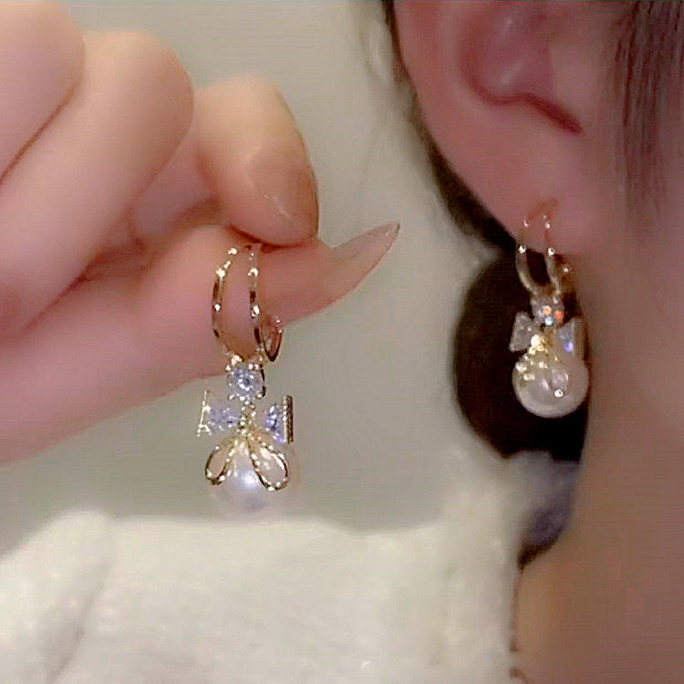 Women'S Designer Bow Pearl Earrings Silver Needle Earrings