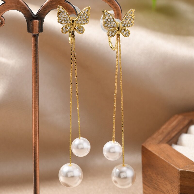 Clip-on Long Butterfly Tassel Pearl Earrings with Double Comfort Pads