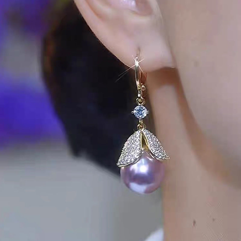 Elegant Purple Pearl And Diamond Leaf Earrings
