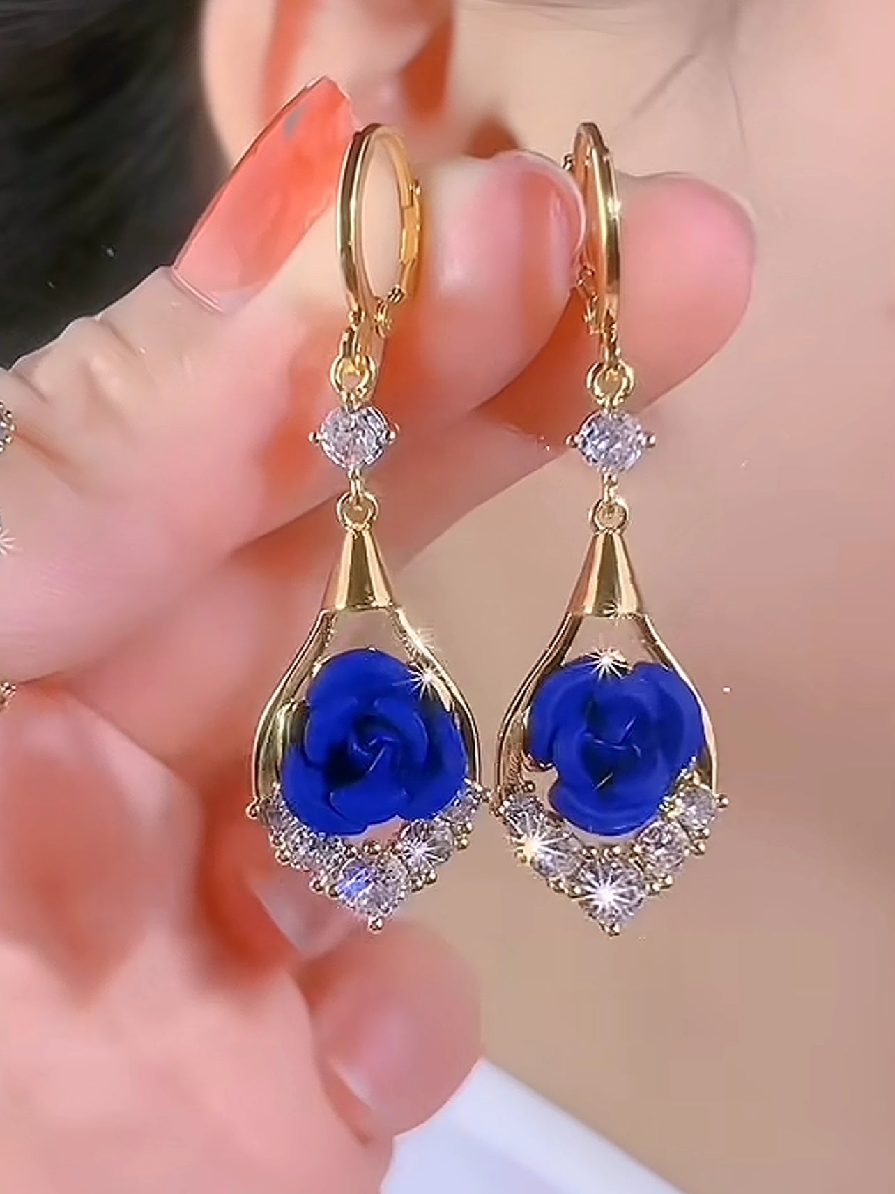 Elegant And Sophisticated Diamond-encrusted Blue Rose Earrings