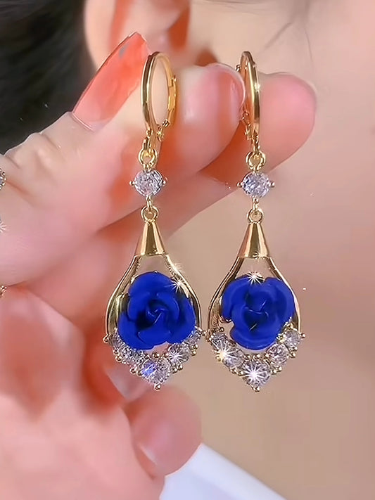 Pendientes de rosa azul con incrustaciones de diamantes, elegantes y sofisticados