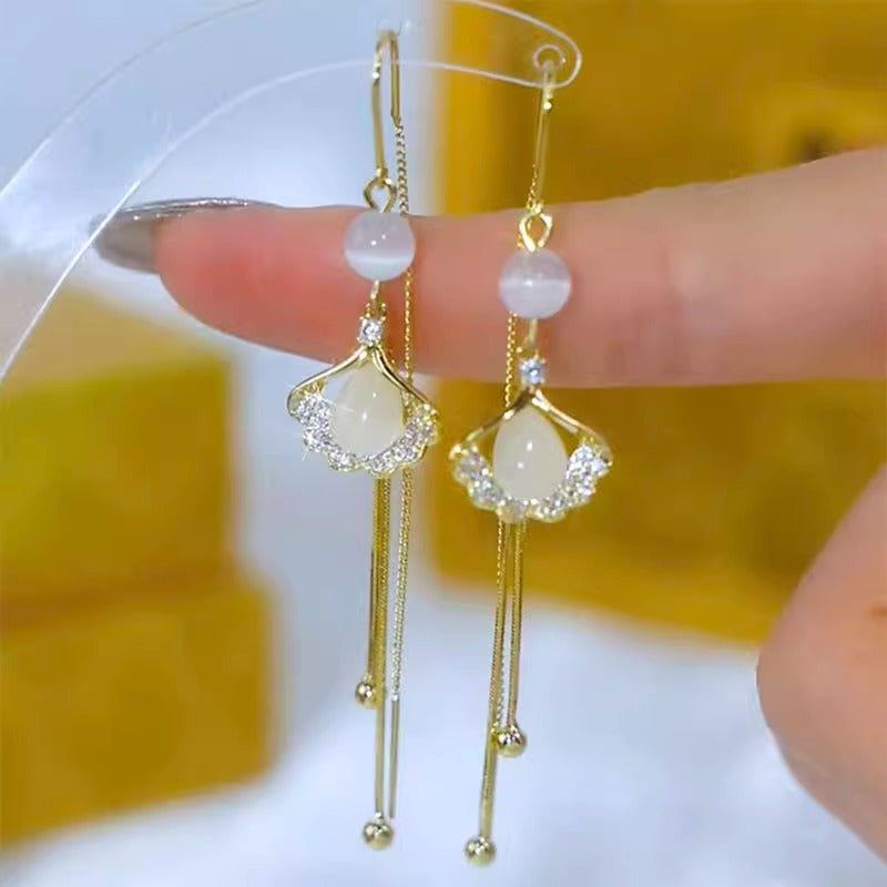 Women's Silver Needle Long Tassel Earrings Ginkgo Leaf Ear Wire